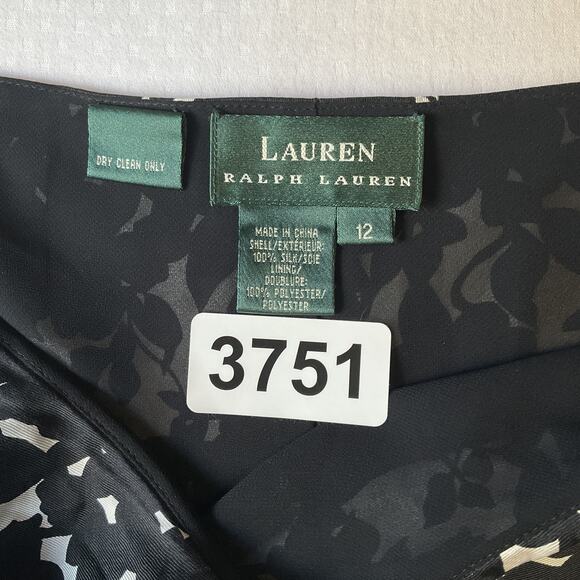 Lauren Ralph Women Silk Skirt 12 Black White Floral A-Line Lined Knee Length - Picture 2 of 8